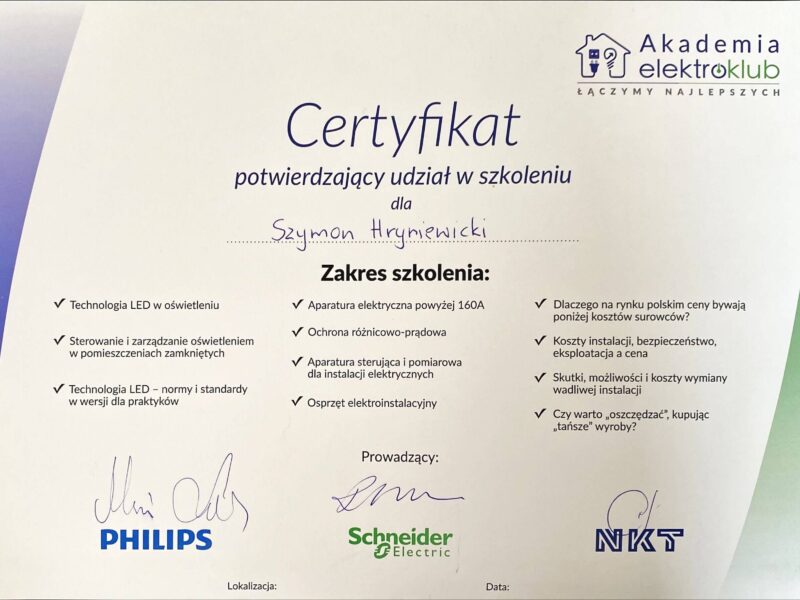 certyfikat instalacje elektryczne aparatura i osprzęt elektryczny sterowanie oświetleniem